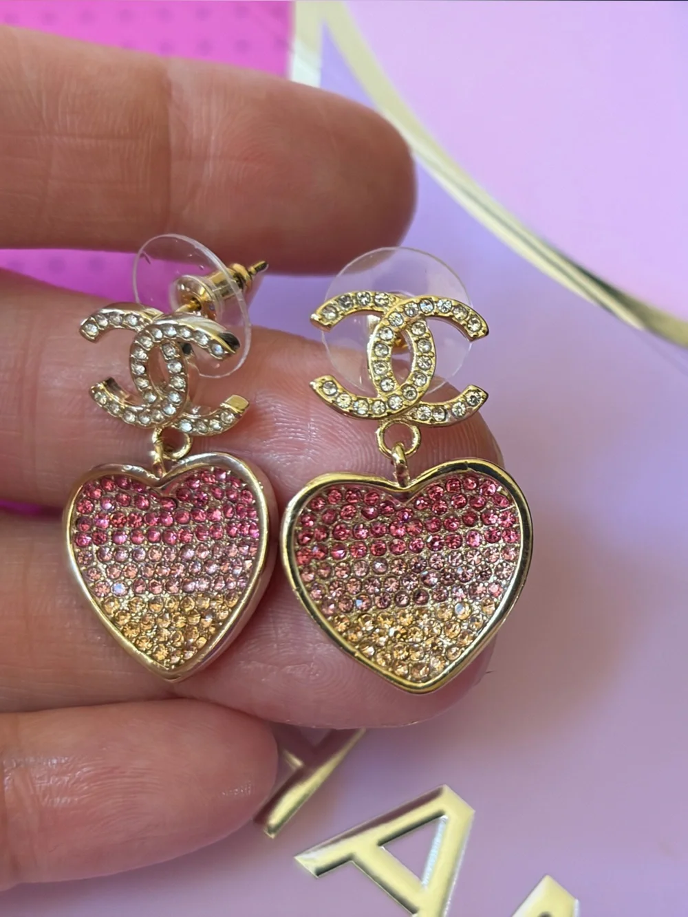Chanel Gold and Pink Heart drop earrings
